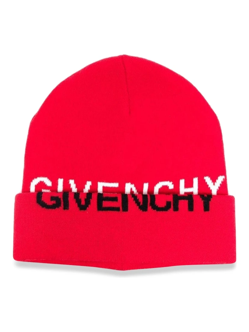 KNITTED HAT GIVENCHY "SPLIT" JACQUARD PATTERN ON HAT AND TURN-UP EDGE.