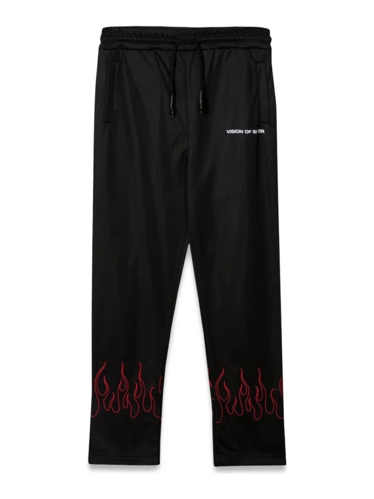 BLACK PANTS WITH RED EMBROIDERED FLAMES