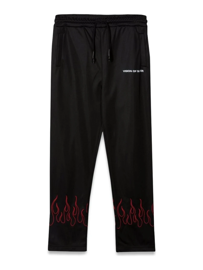 BLACK PANTS WITH RED EMBROIDERED FLAMES