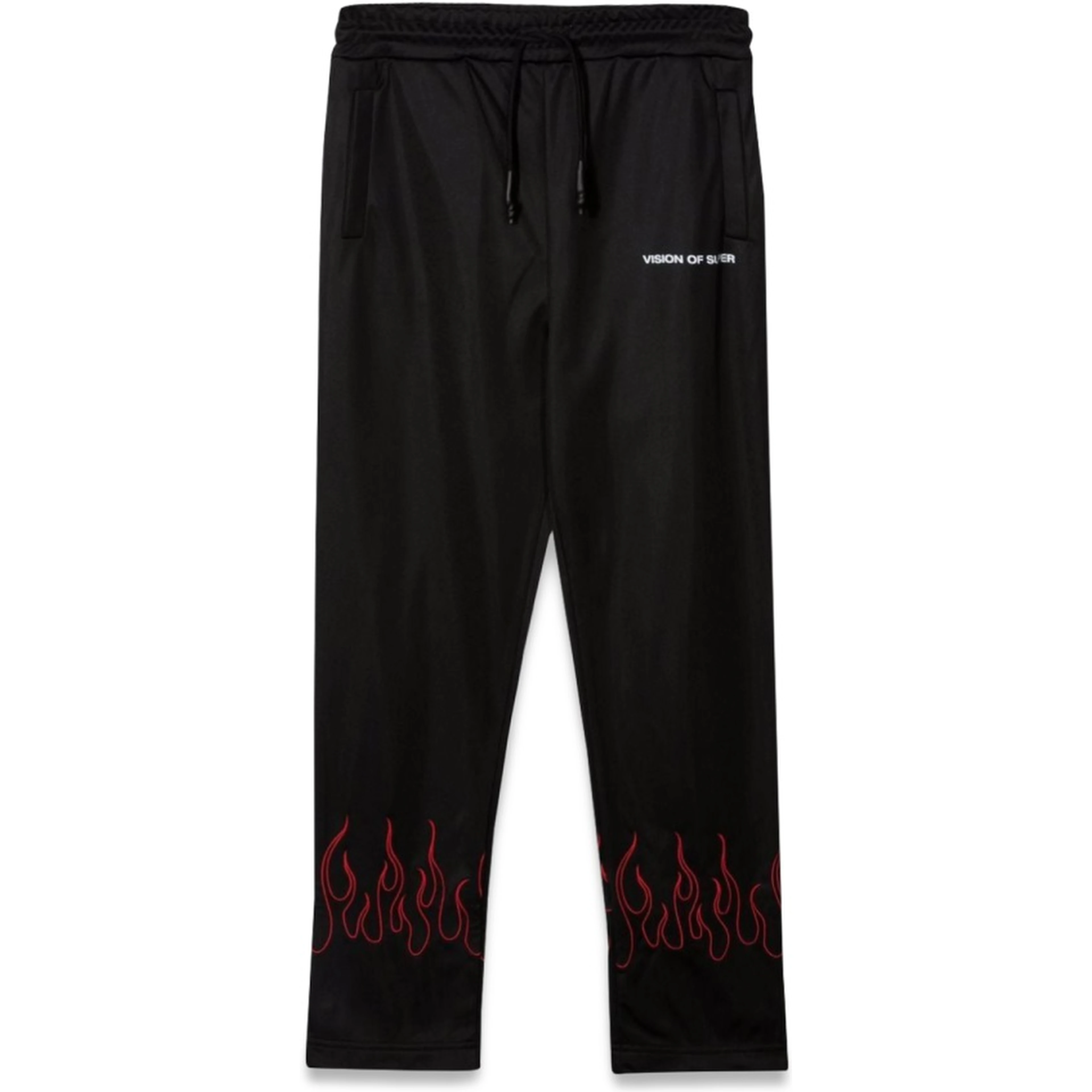 BLACK PANTS WITH RED EMBROIDERED FLAMES