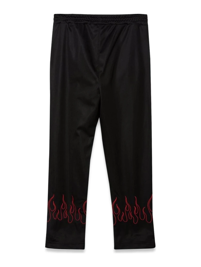 BLACK PANTS WITH RED EMBROIDERED FLAMES