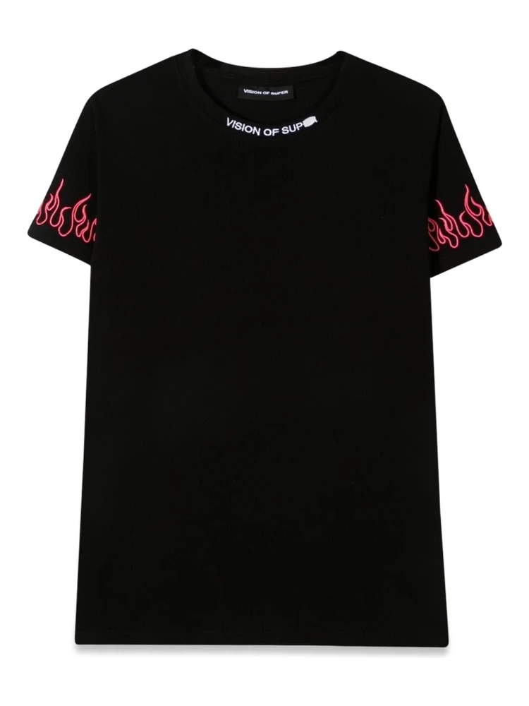 BLACK EMBROIDERED TSHIRT FUCHSIA FLAME