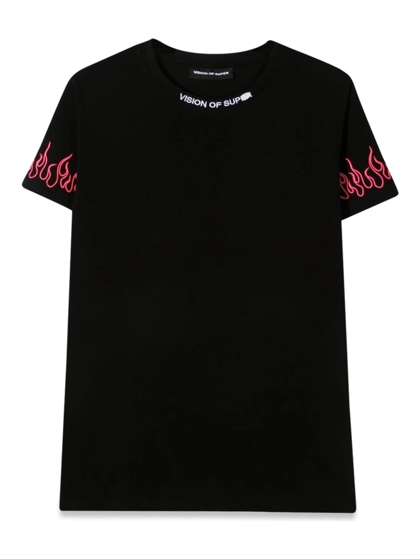 BLACK EMBROIDERED TSHIRT FUCHSIA FLAME