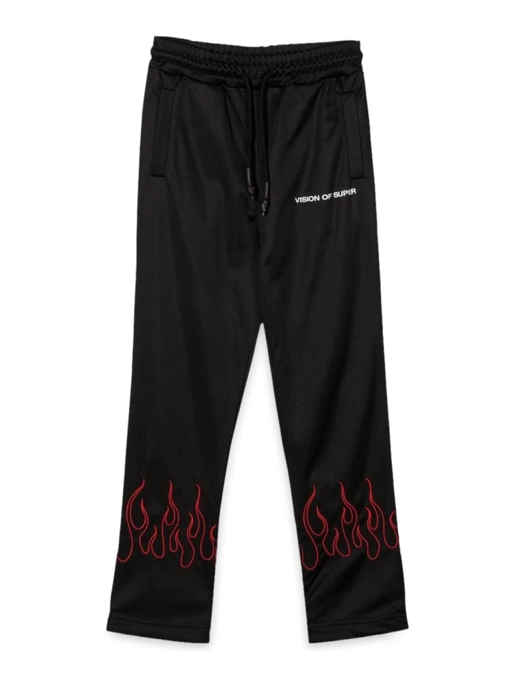 BLACK PANTS WITH RED EMBROIDERED FLAMES