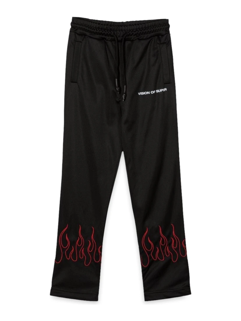 BLACK PANTS WITH RED EMBROIDERED FLAMES