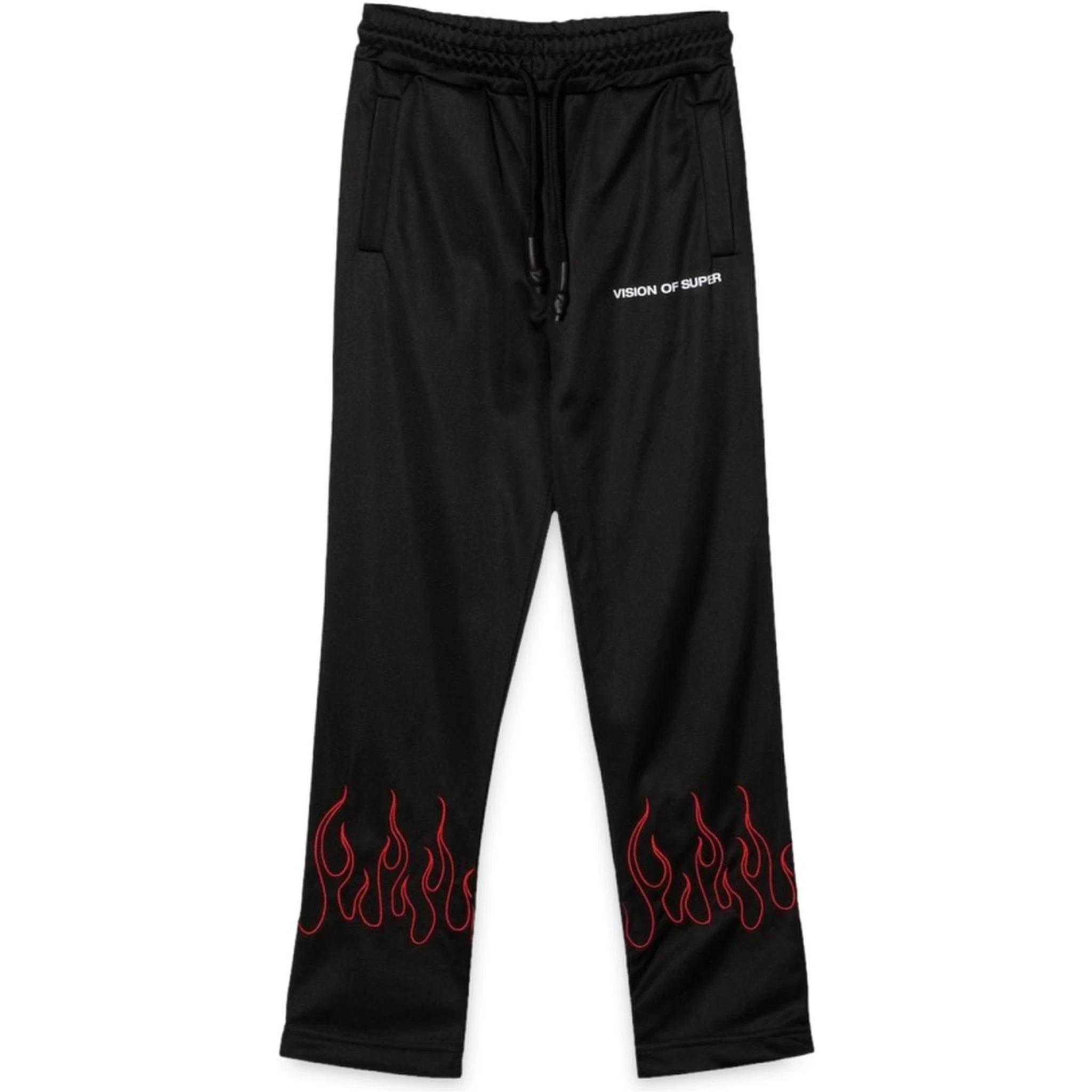 BLACK PANTS WITH RED EMBROIDERED FLAMES