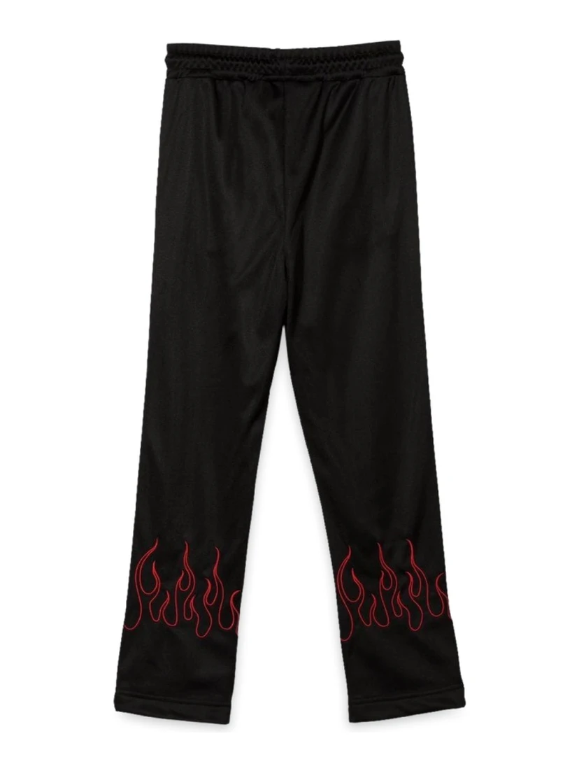 BLACK PANTS WITH RED EMBROIDERED FLAMES