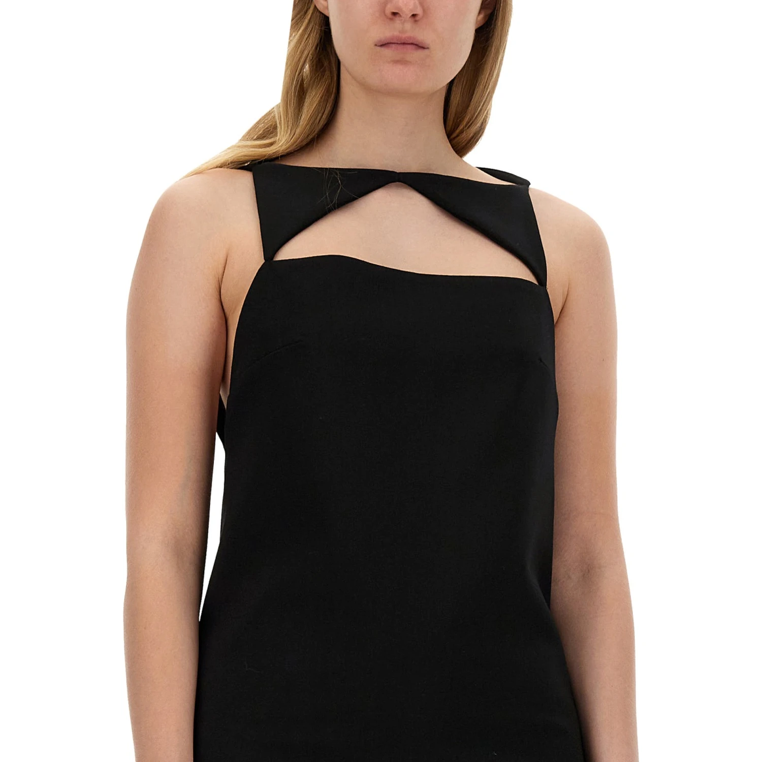 WOOL BLEND STRAIGHT MINI DRESS WITH CUT-OUT