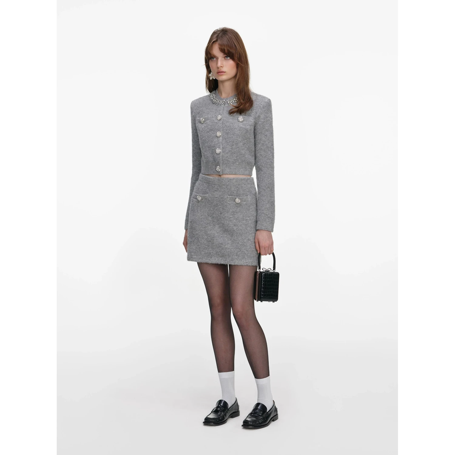 Grey Fluffy Crystal Trim Cardigan – self-portrait-EU