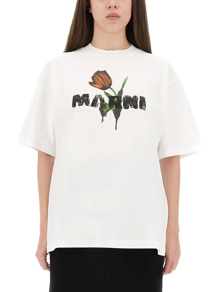 WHITE COTTON T-SHIRT WITH TULIP PRINT