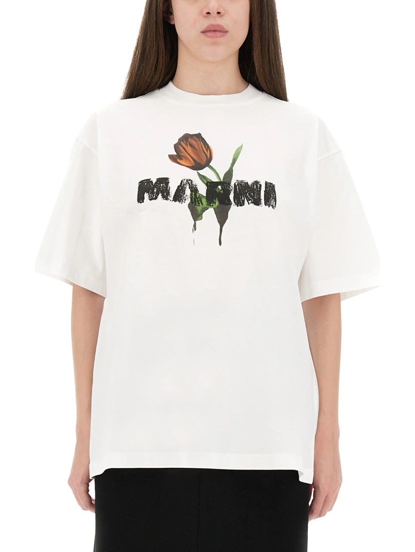 WHITE COTTON T-SHIRT WITH TULIP PRINT