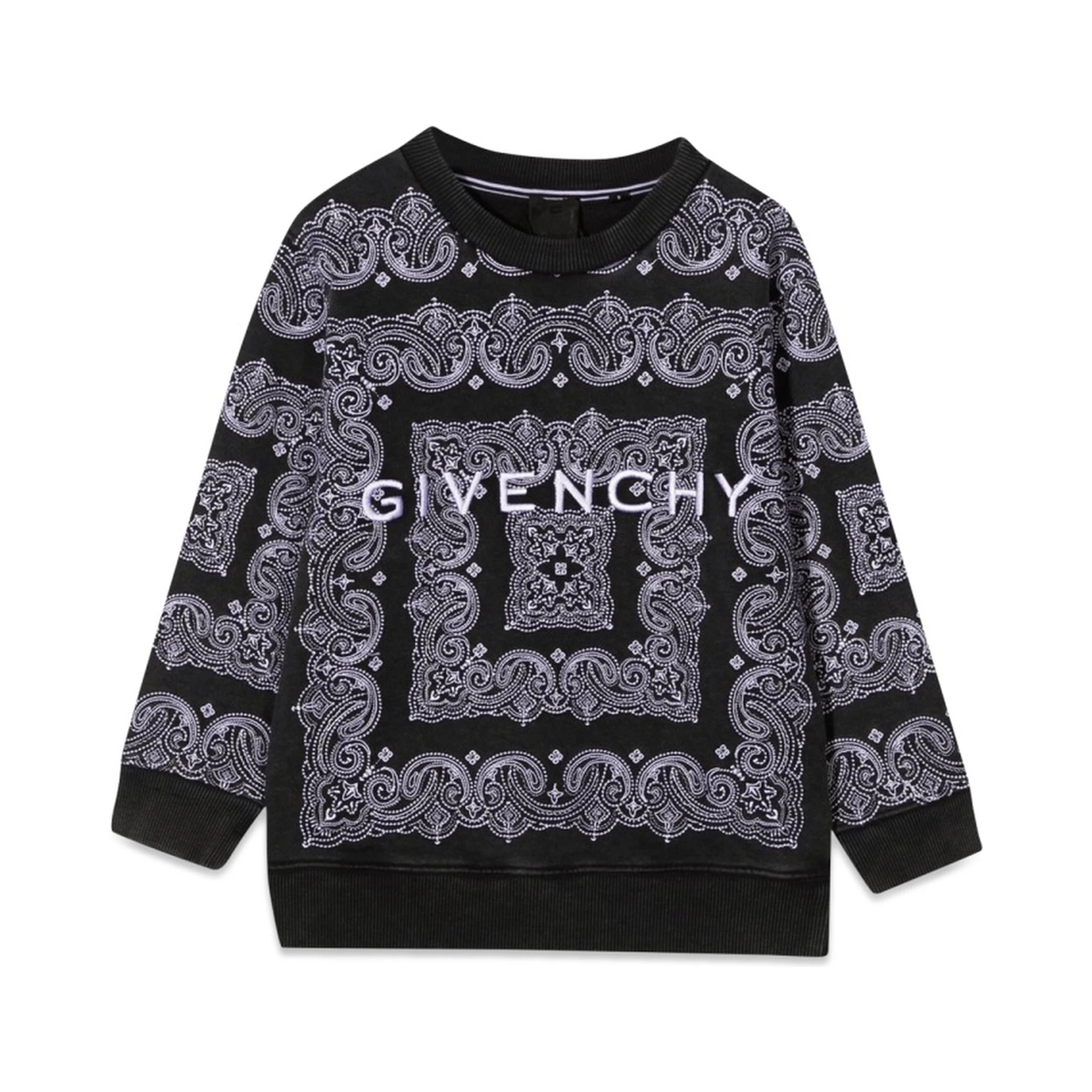 كنزة صوفية برقبة دائرية مزينة بنقشة وشعار