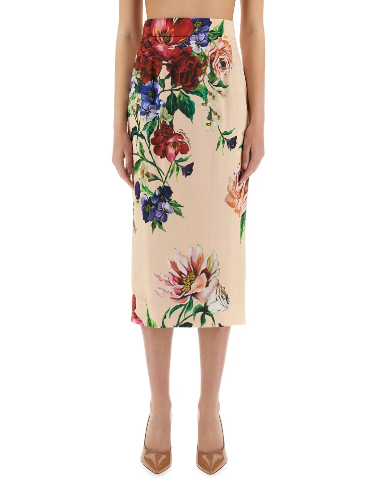 FLOWER PRINT SATIN MIDI PENCIL SKIRT