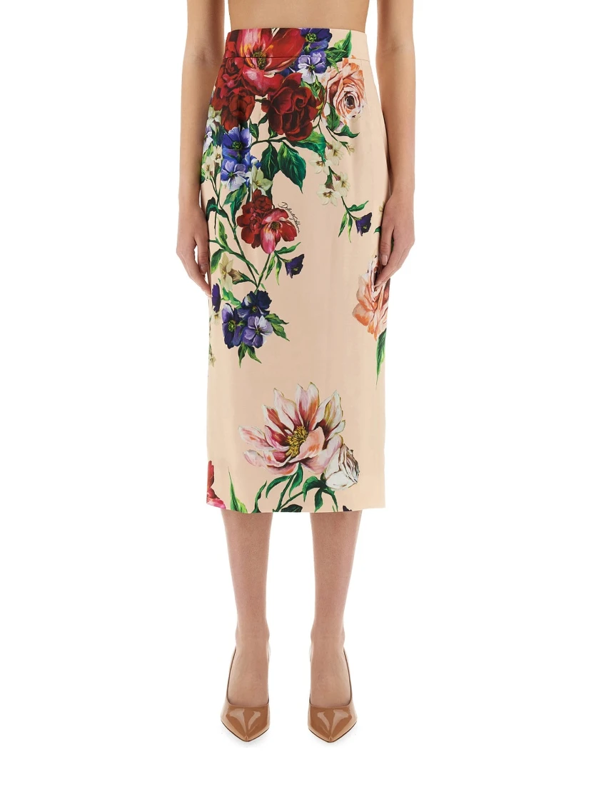 FLOWER PRINT SATIN MIDI PENCIL SKIRT