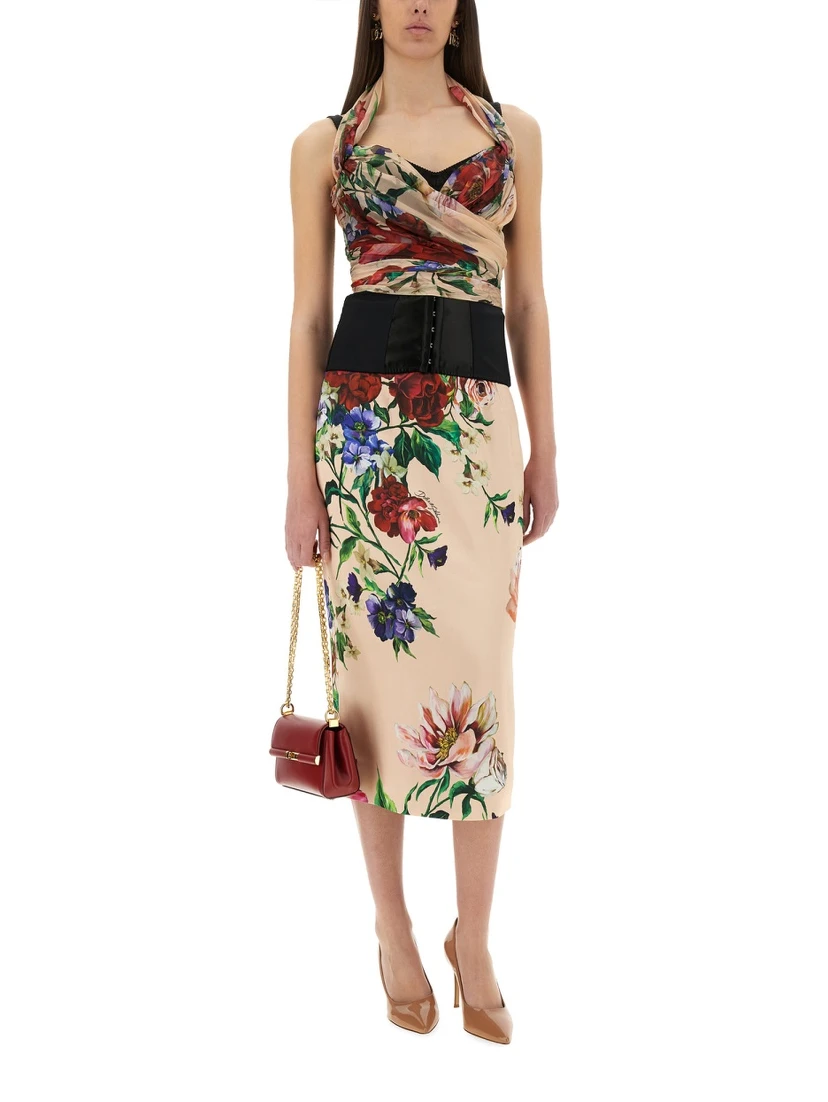 FLOWER PRINT SATIN MIDI PENCIL SKIRT