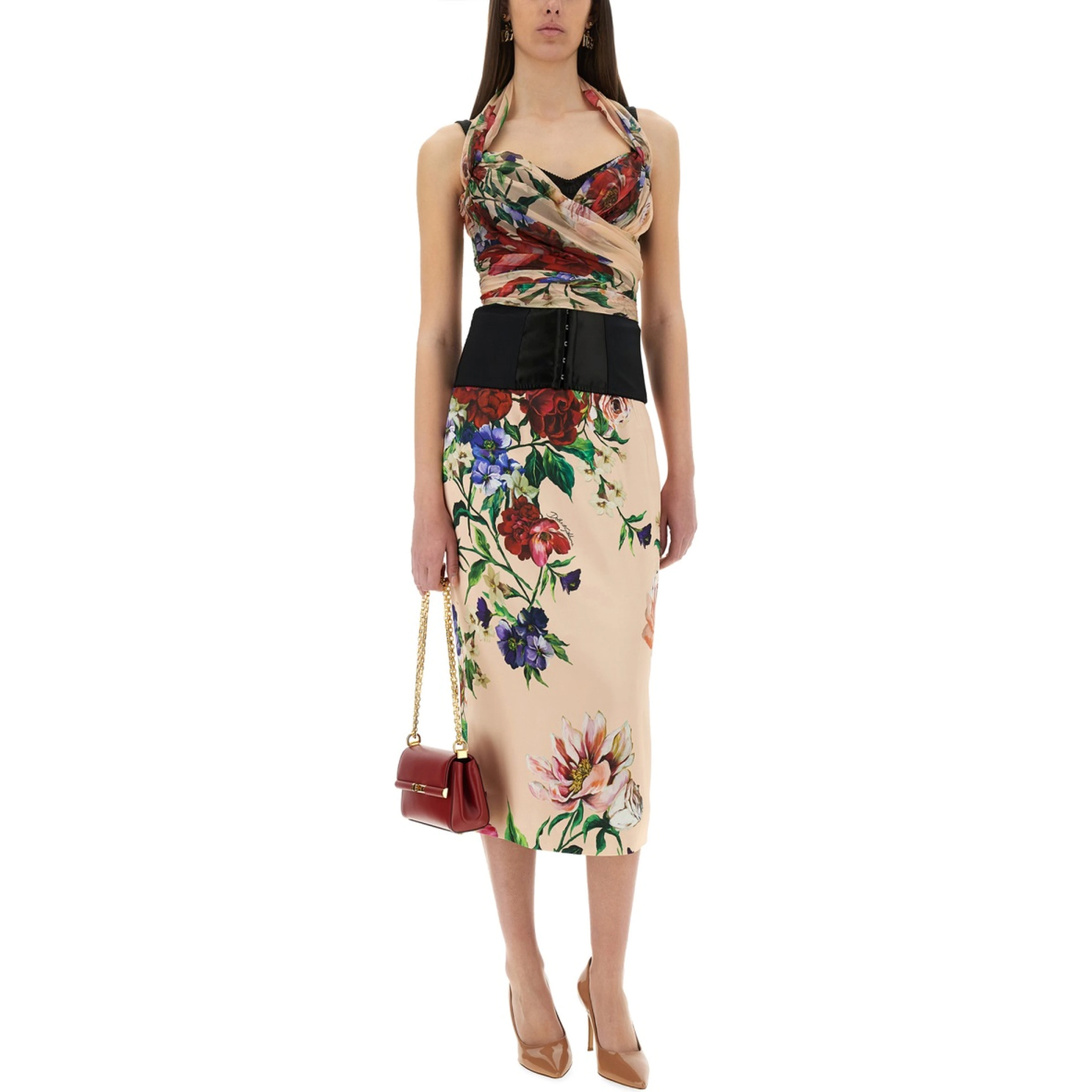 FLOWER PRINT SATIN MIDI PENCIL SKIRT