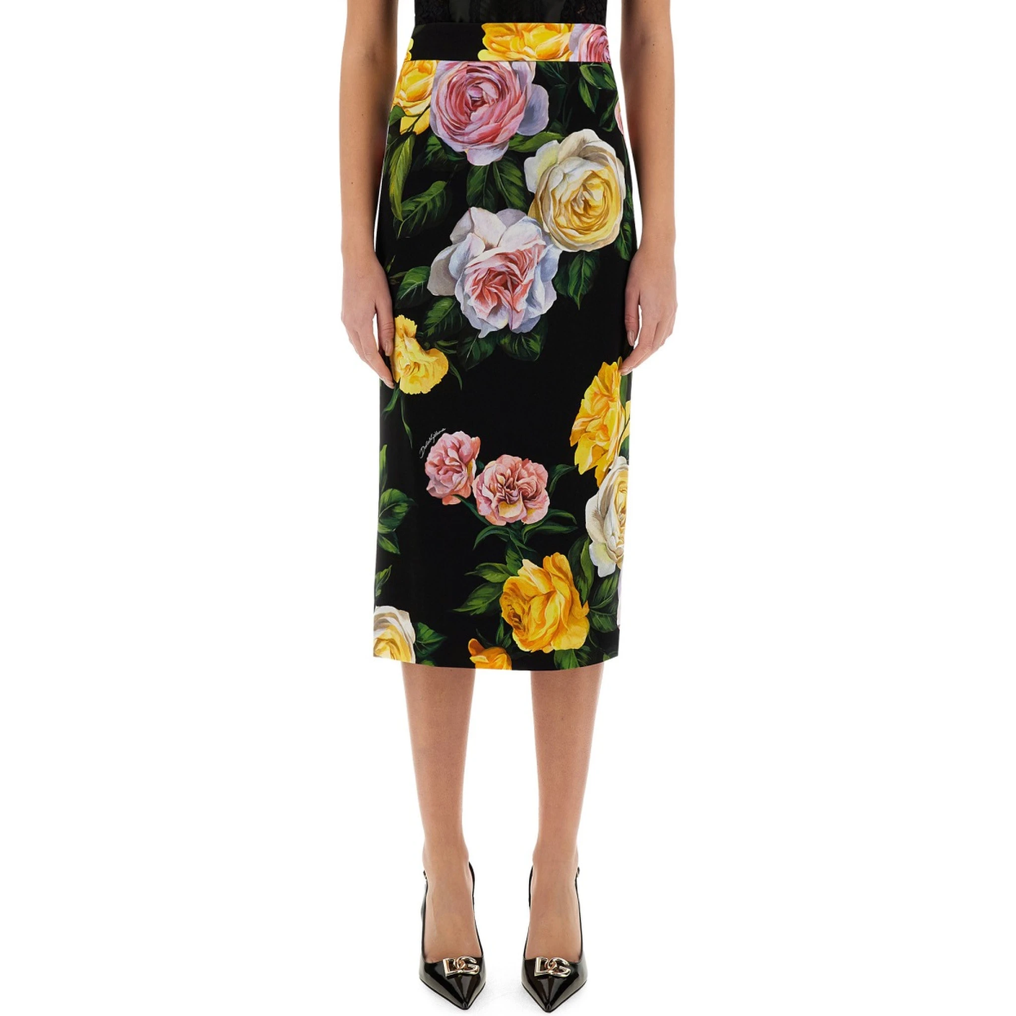 PEONY AND ROSE PRINT CHARMEUSE LONGUETTE SKIRT