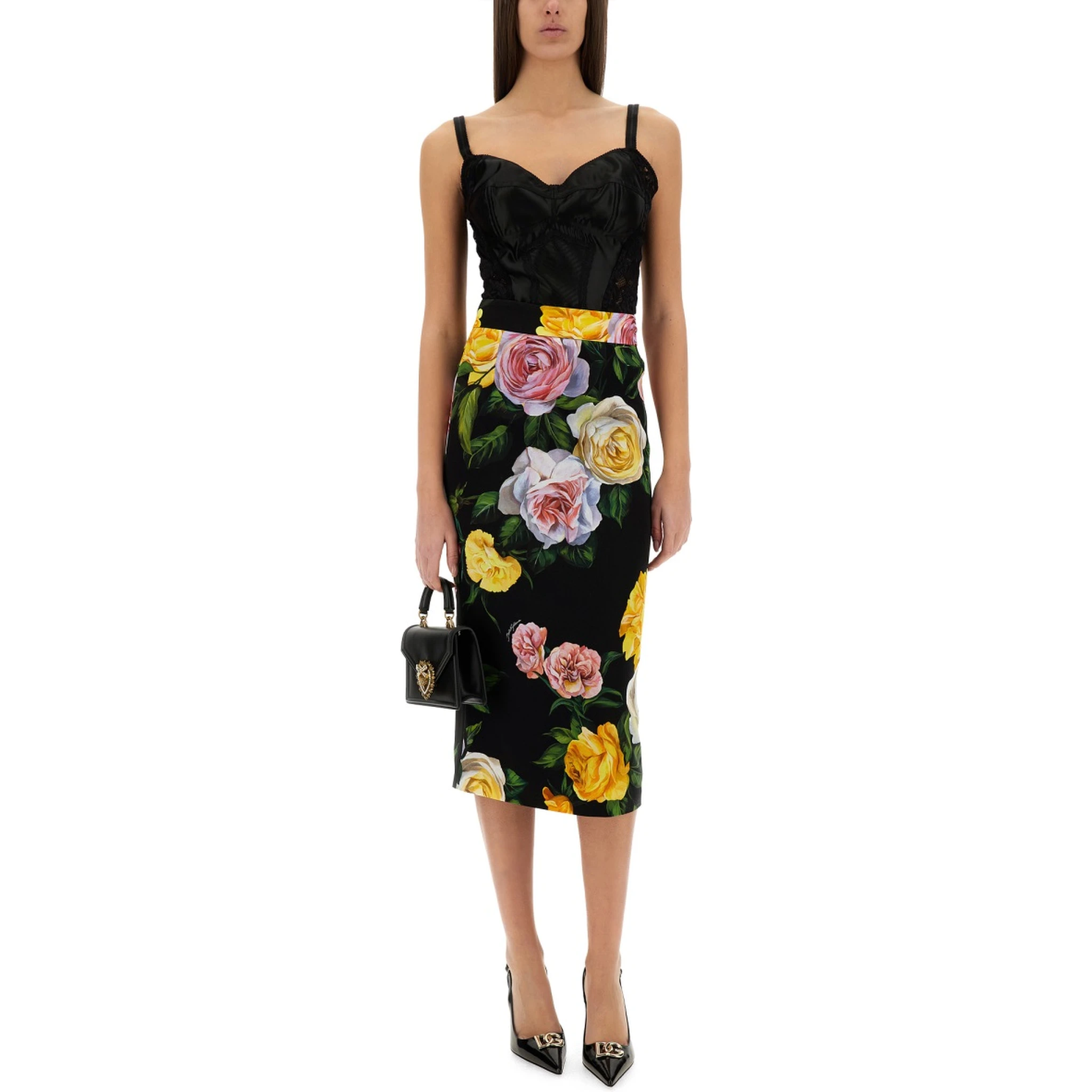 PEONY AND ROSE PRINT CHARMEUSE LONGUETTE SKIRT