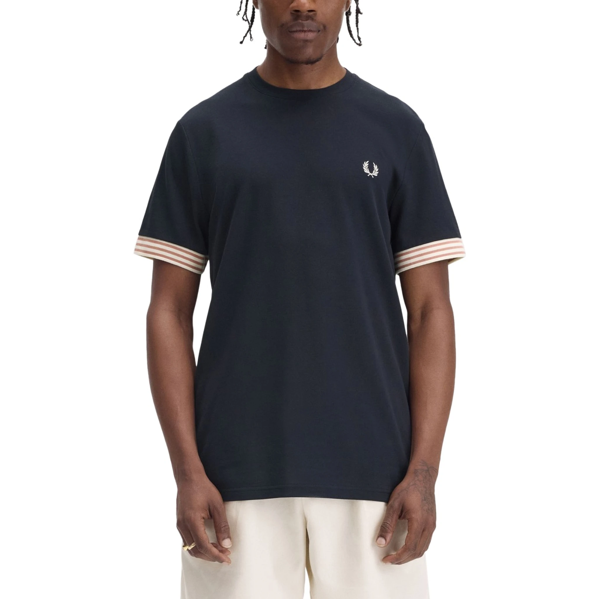 T-SHIRT WITH STRIPED MANIHE BORDER