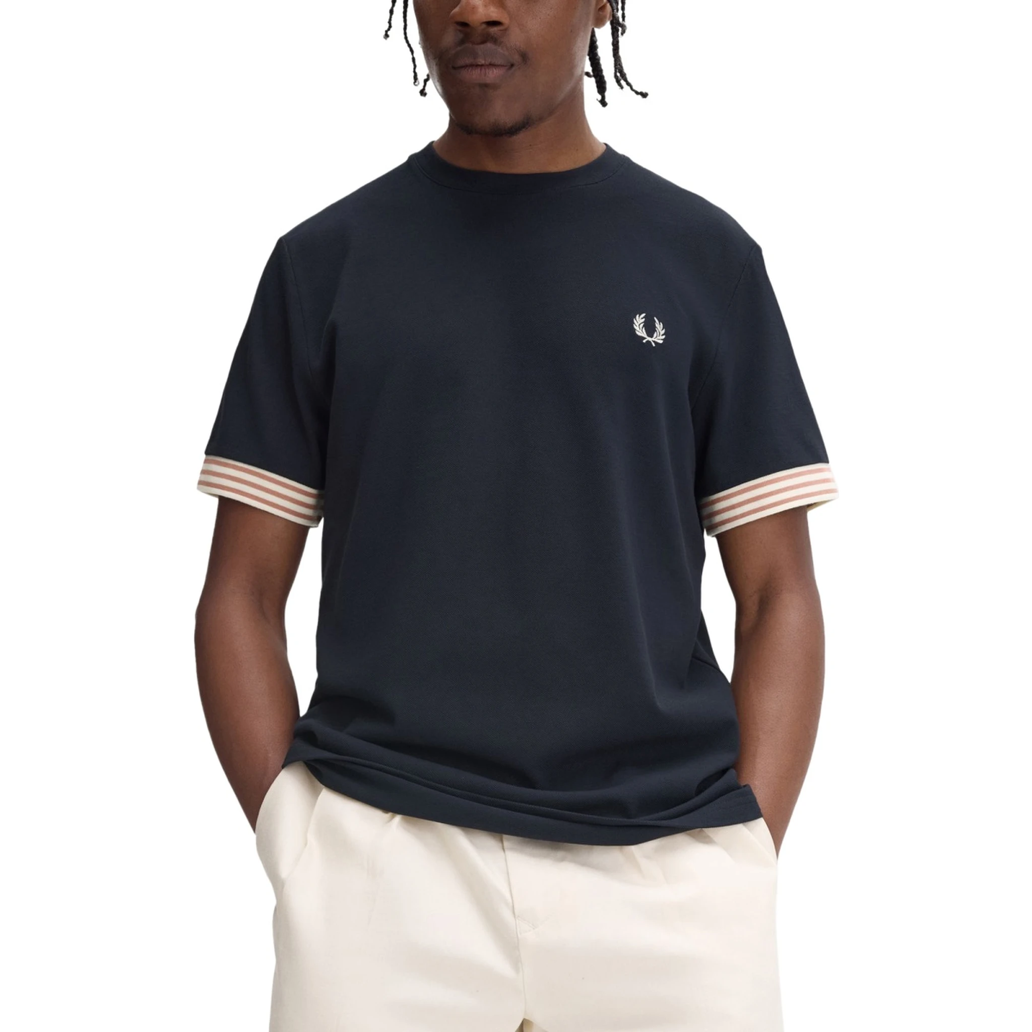 T-SHIRT WITH STRIPED MANIHE BORDER