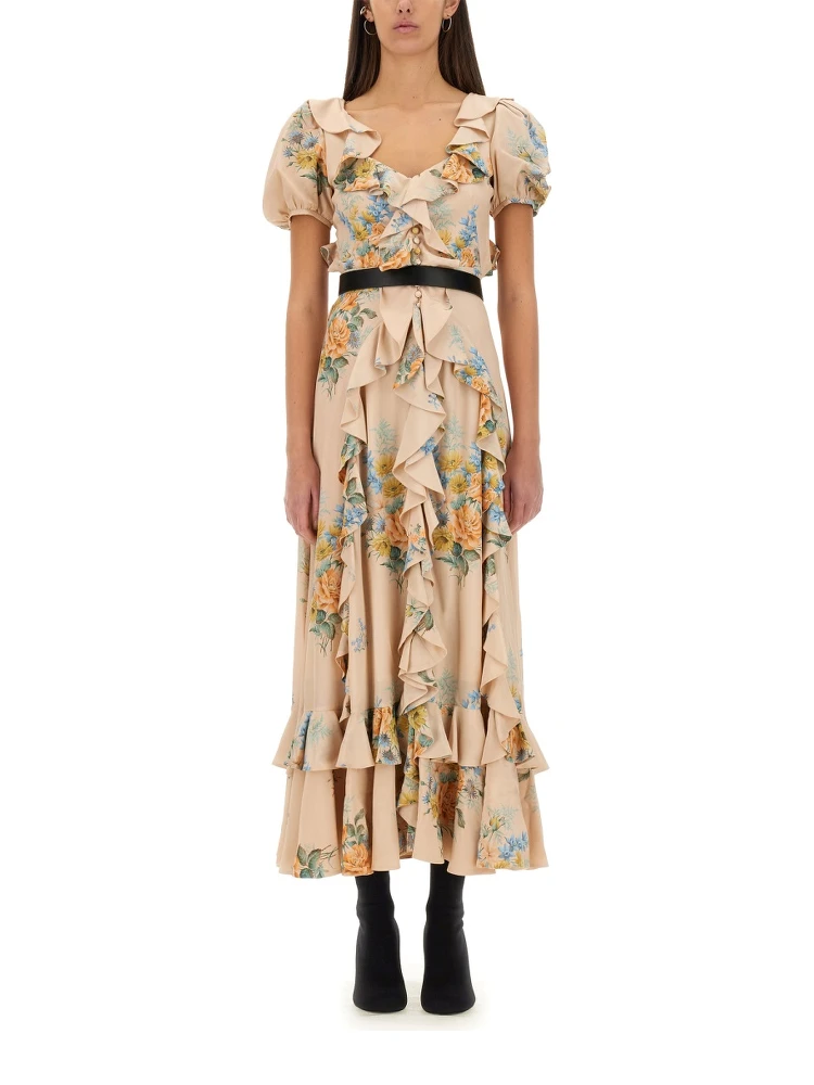 FLORAL PRINT RUCHED SILK DRESS