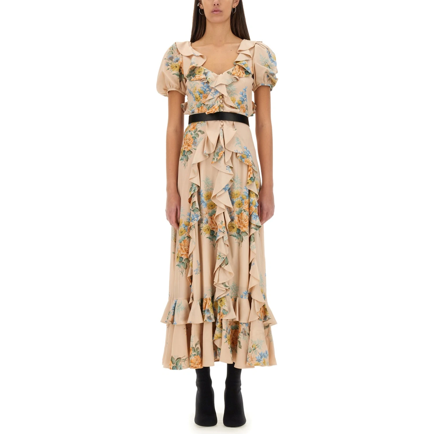 FLORAL PRINT RUCHED SILK DRESS