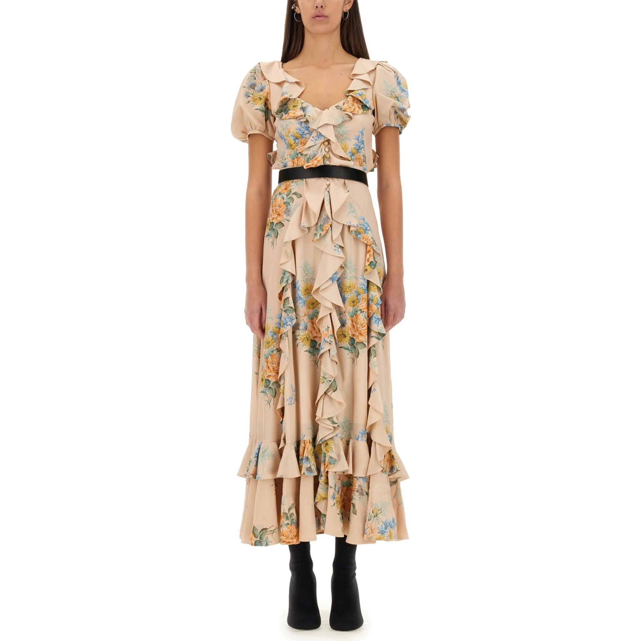 FLORAL PRINT RUCHED SILK DRESS