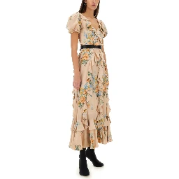 FLORAL PRINT RUCHED SILK DRESS