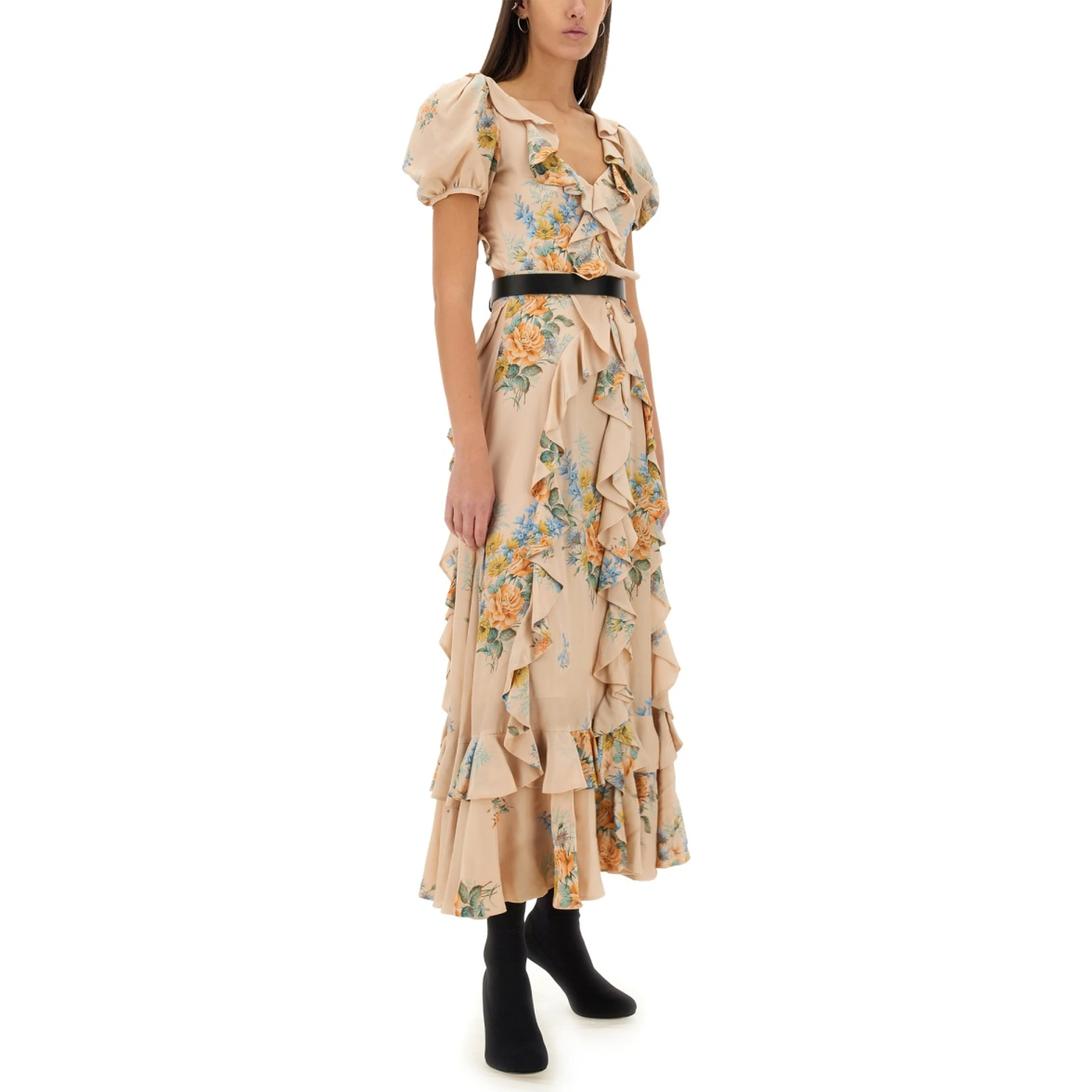 FLORAL PRINT RUCHED SILK DRESS