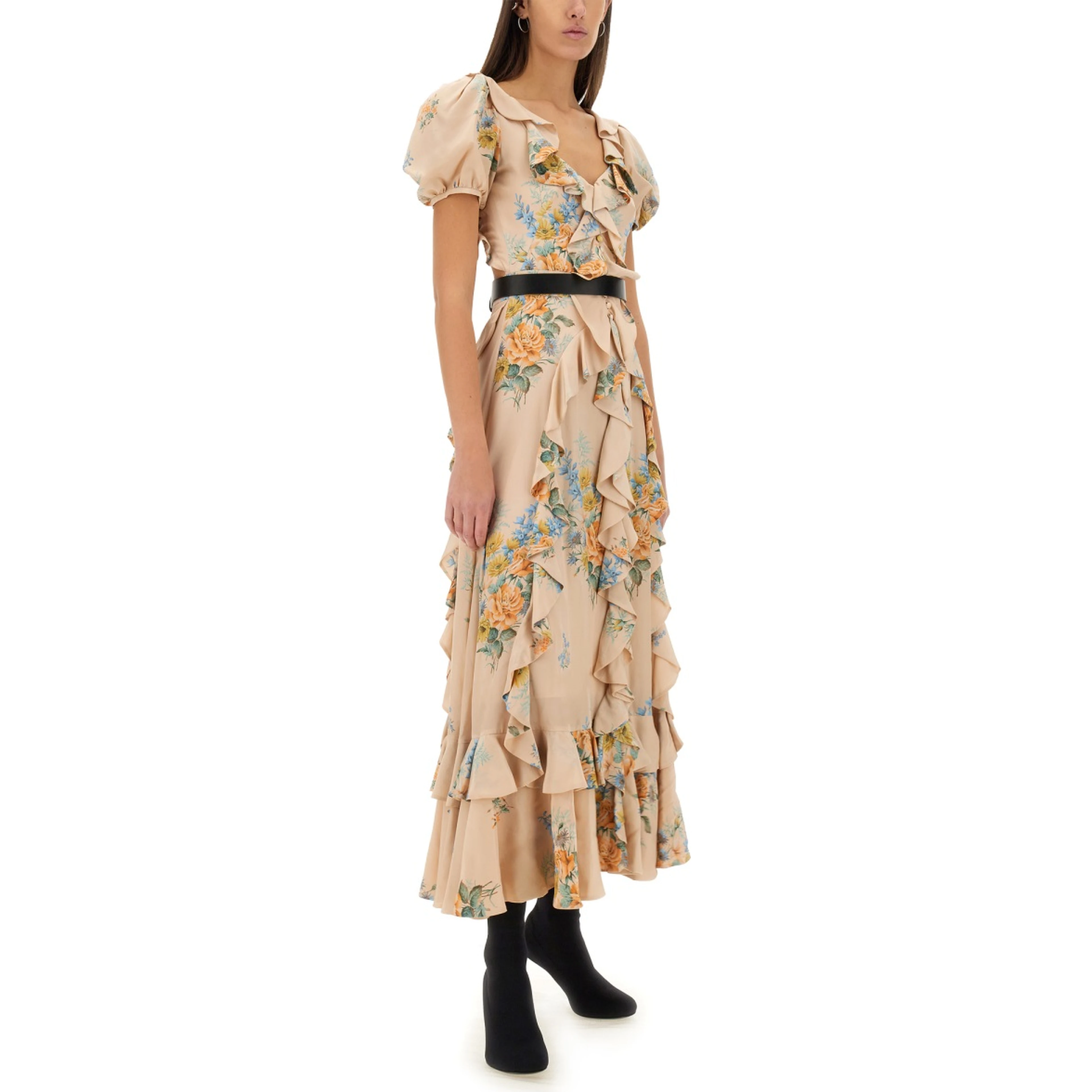 FLORAL PRINT RUCHED SILK DRESS