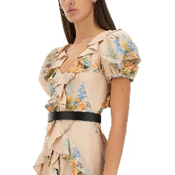 FLORAL PRINT RUCHED SILK DRESS