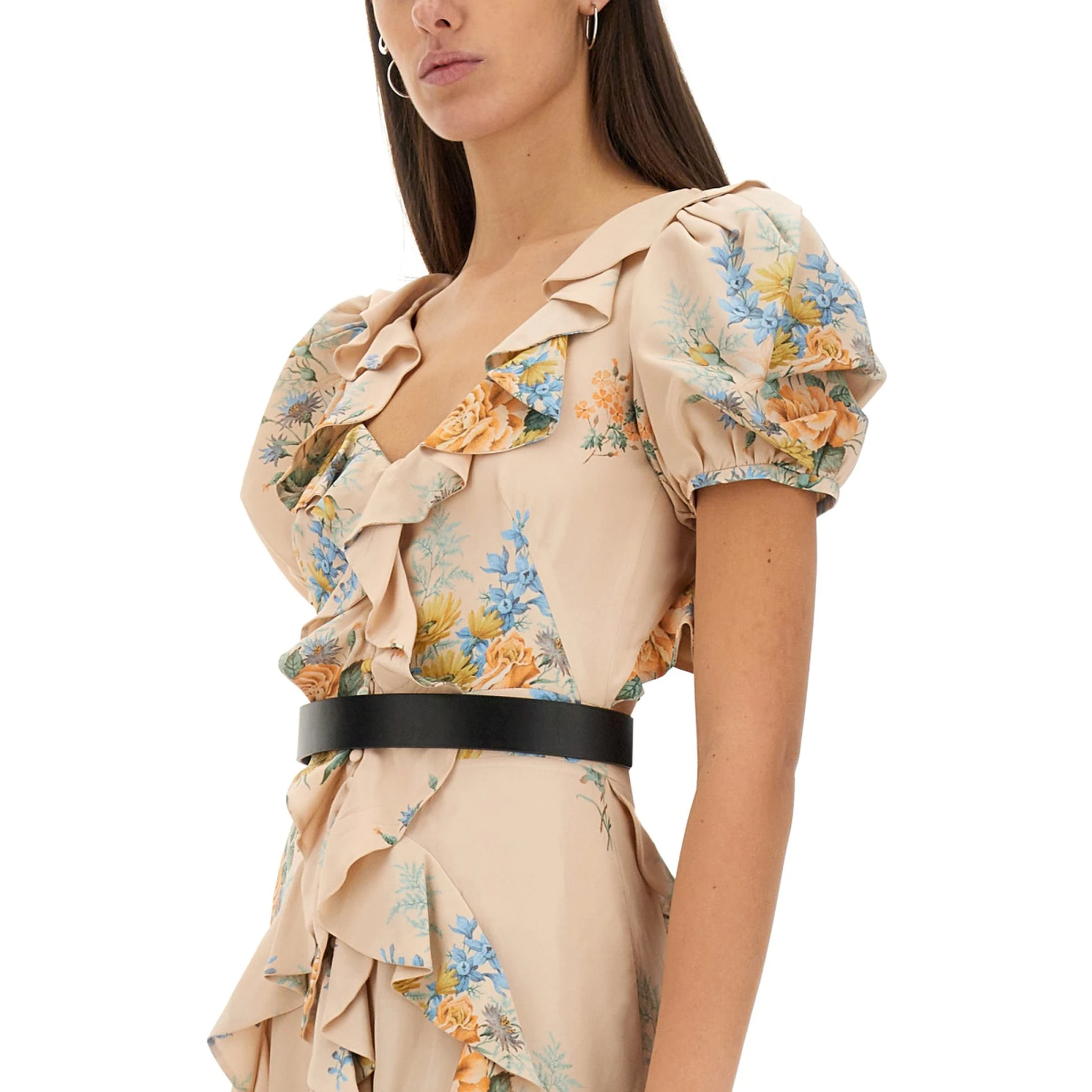 FLORAL PRINT RUCHED SILK DRESS