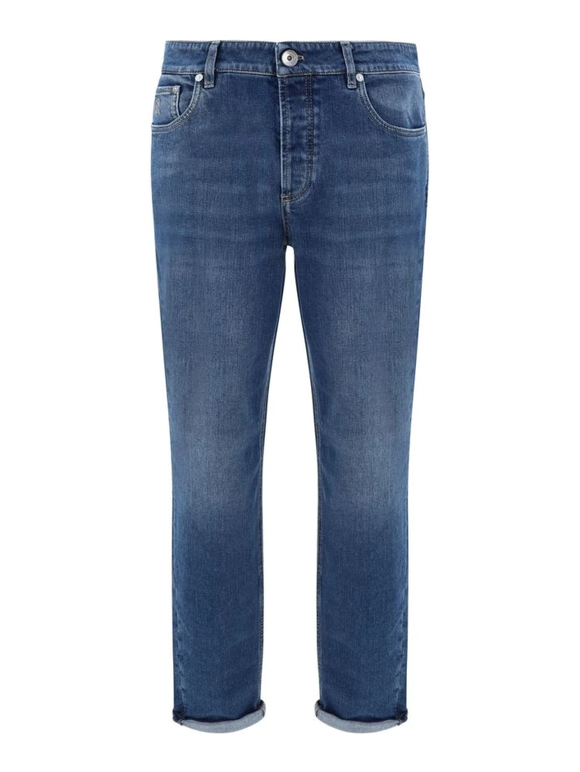 Blue Cotton Straight-Leg Jeans