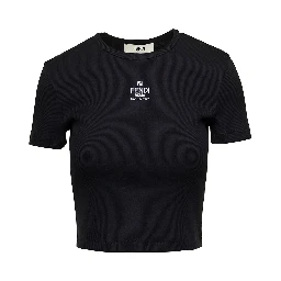 T-Shirt a Coste Cropped con Dettaglio Logo in Cotone Stretch Nero Donna