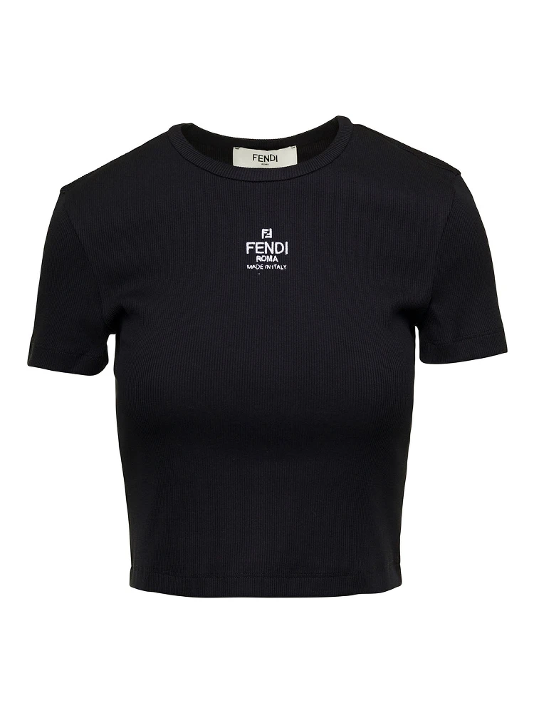T-Shirt a Coste Cropped con Dettaglio Logo in Cotone Stretch Nero Donna