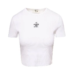 White Ribbed Crop T-Shirt with Logo Embroidery in Cotton Woman