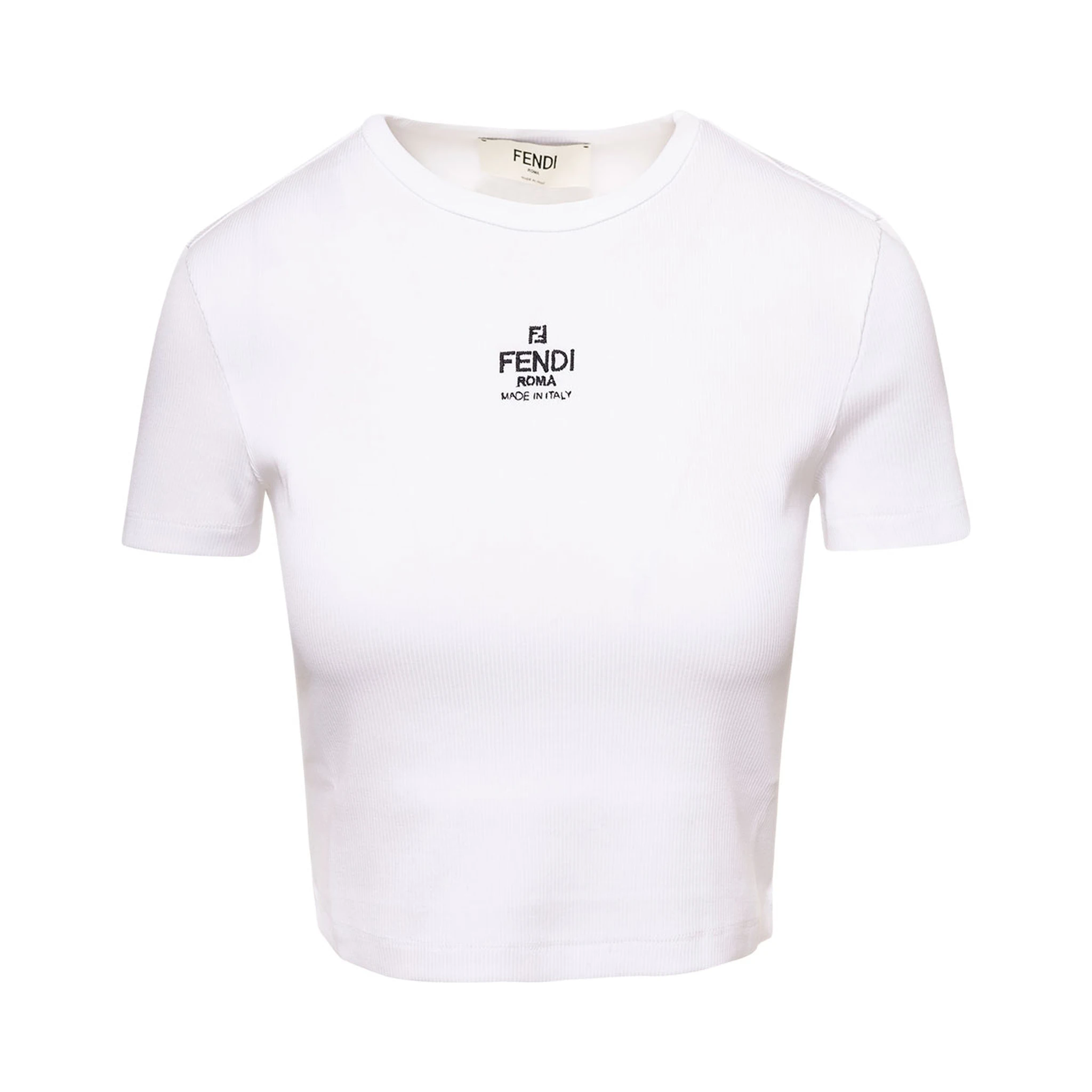White Ribbed Crop T-Shirt with Logo Embroidery in Cotton Woman