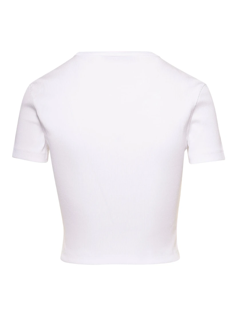 White Ribbed Crop T-Shirt with Logo Embroidery in Cotton Woman