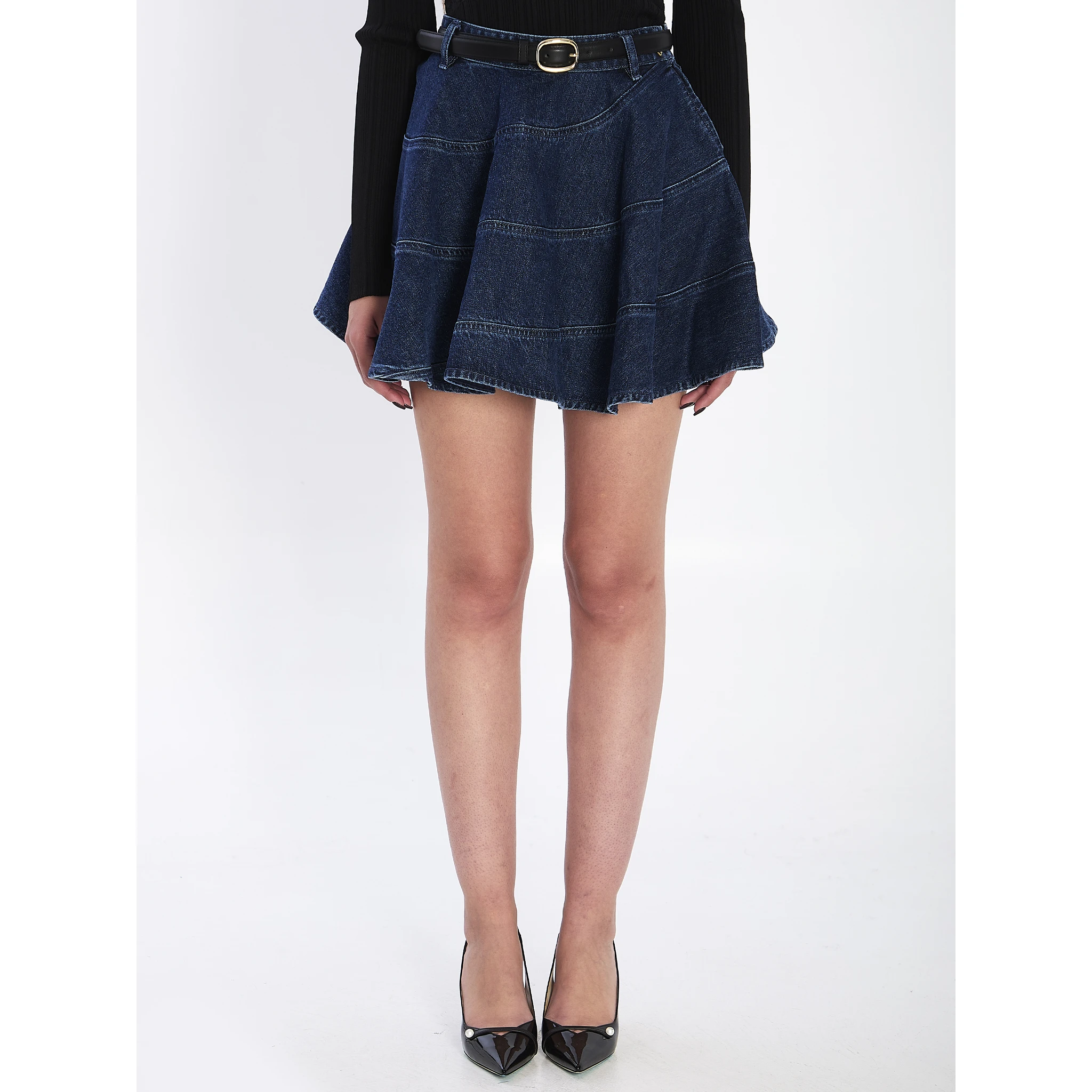 Flared denim mini skirt