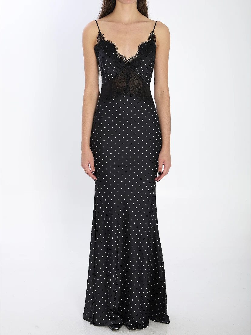 Polka dot satin lace maxi dress