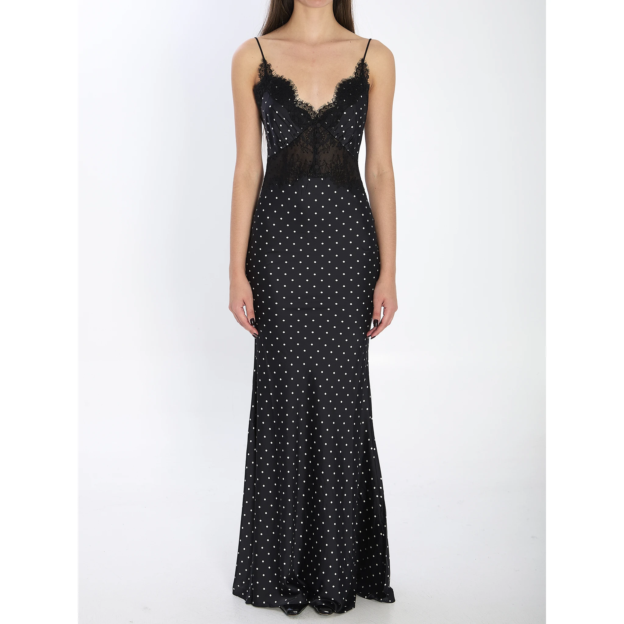 Polka dot satin lace maxi dress