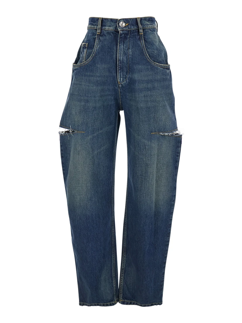 Blue Five-Pocket Style Jeans with Rips in Cotton Denim Woman