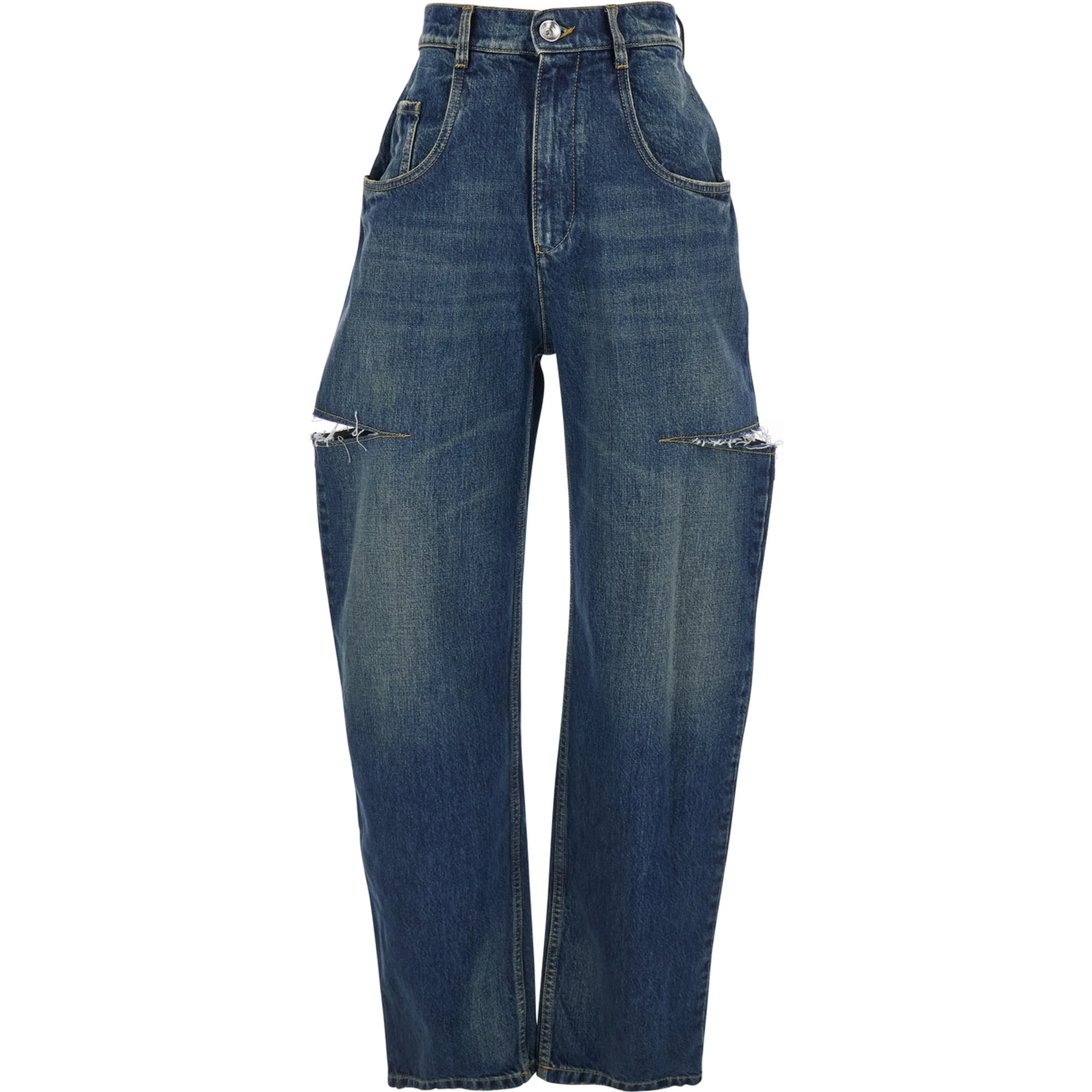Blue Five-Pocket Style Jeans with Rips in Cotton Denim Woman