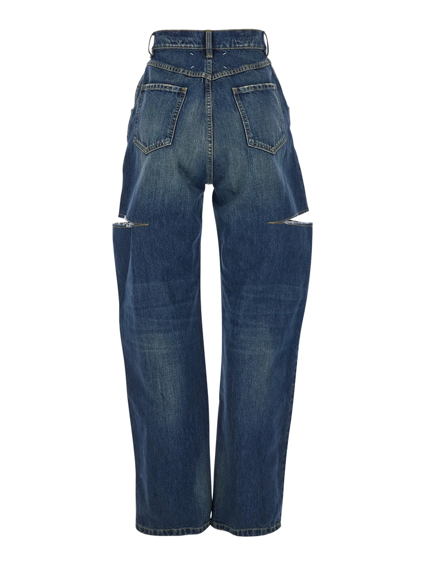 Blue Five-Pocket Style Jeans with Rips in Cotton Denim Woman