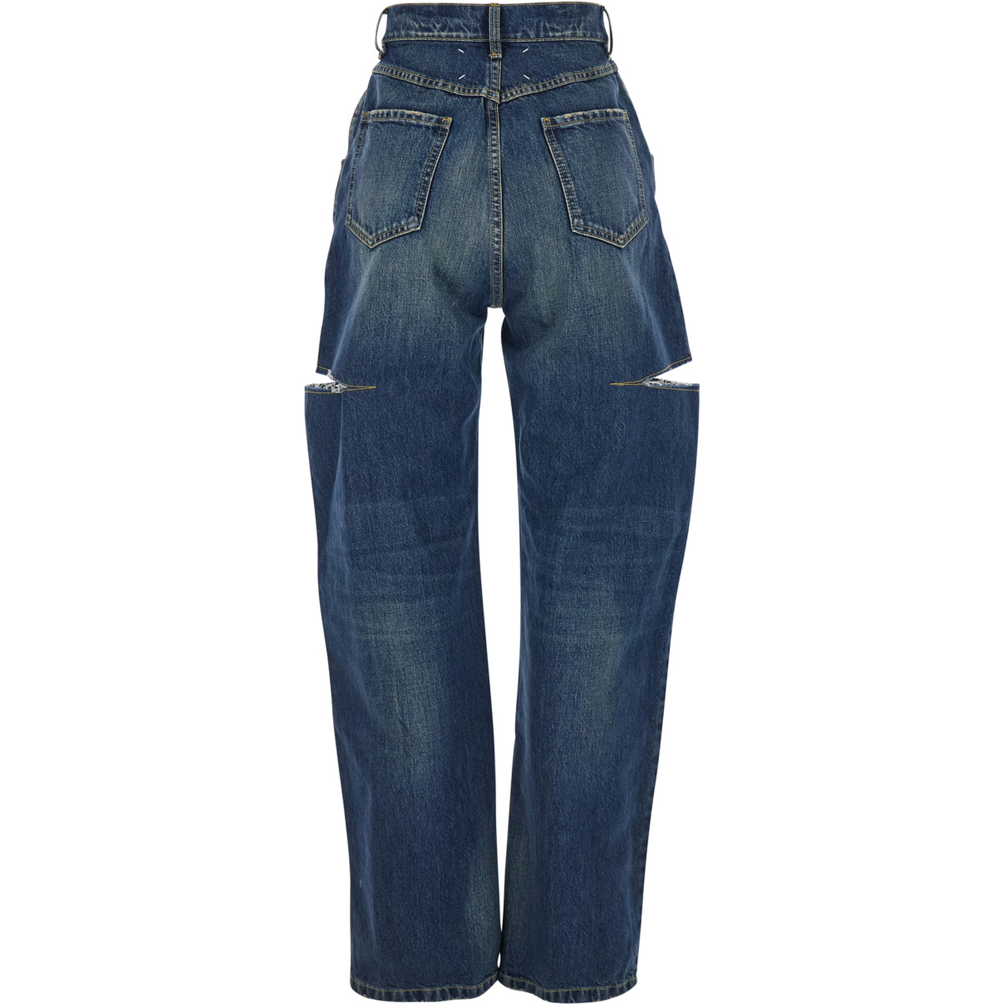 Blue Five-Pocket Style Jeans with Rips in Cotton Denim Woman