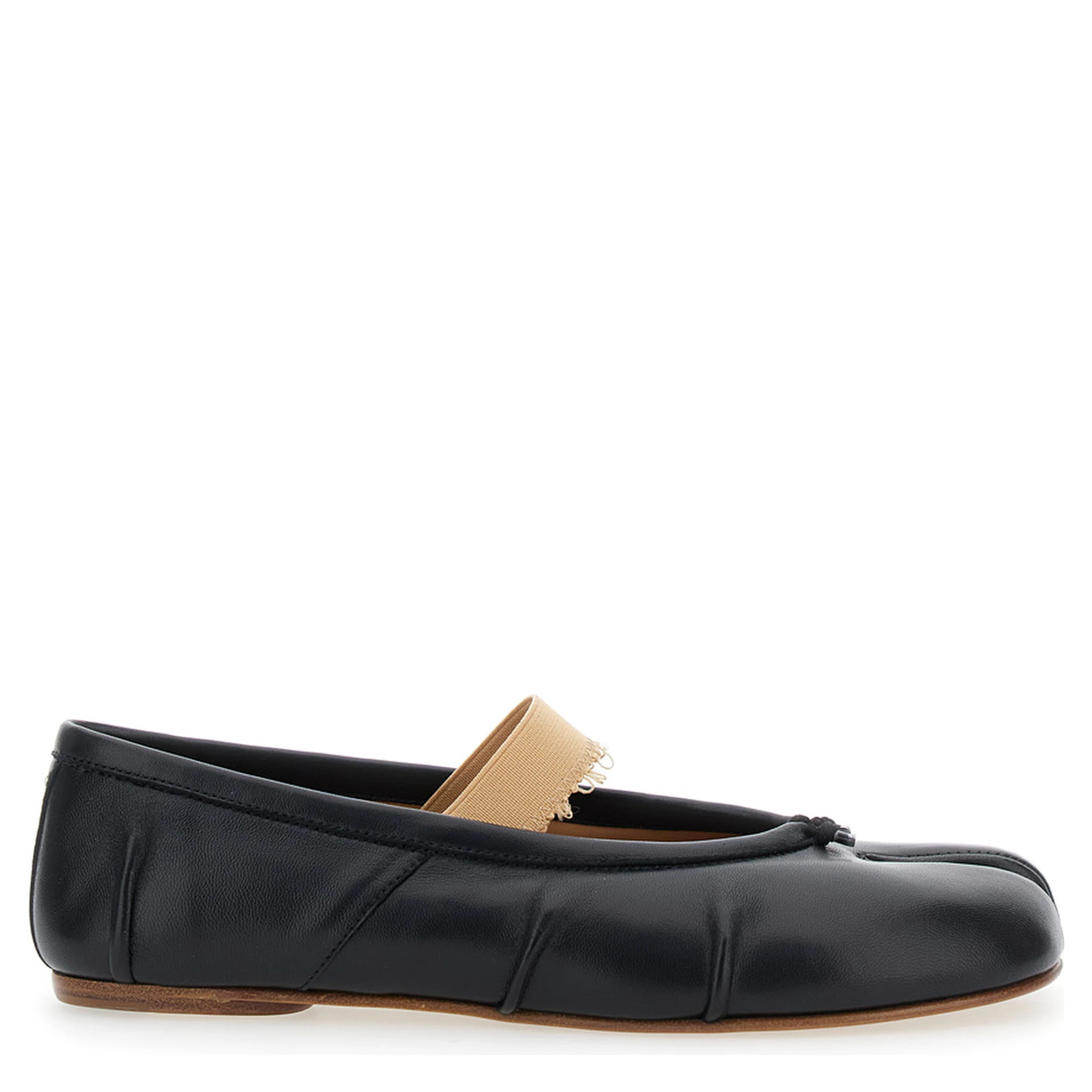 Black Ballet Flats with Band Design and Tabi Toe in Leather Woman