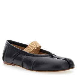 Black Ballet Flats with Band Design and Tabi Toe in Leather Woman