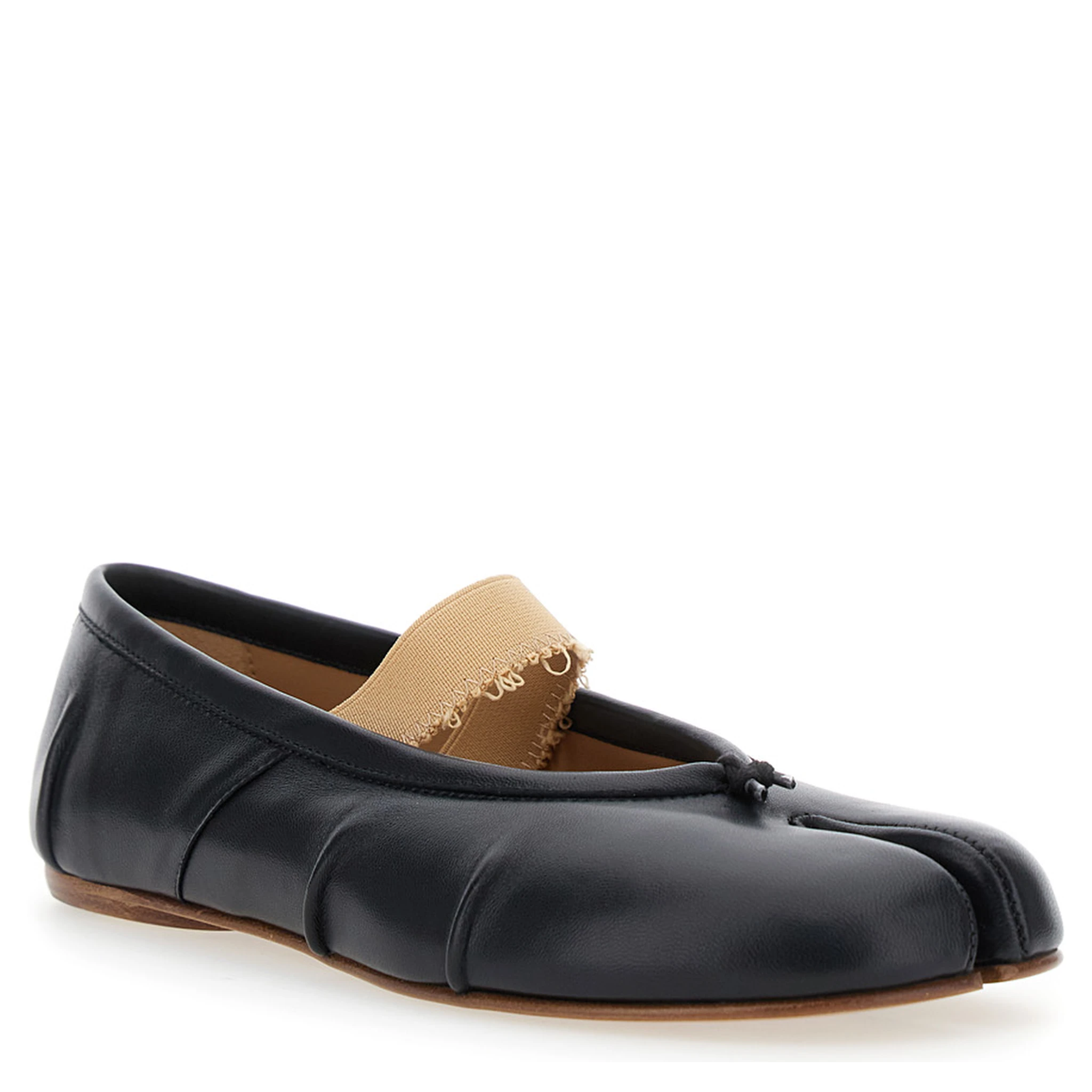 Black Ballet Flats with Band Design and Tabi Toe in Leather Woman
