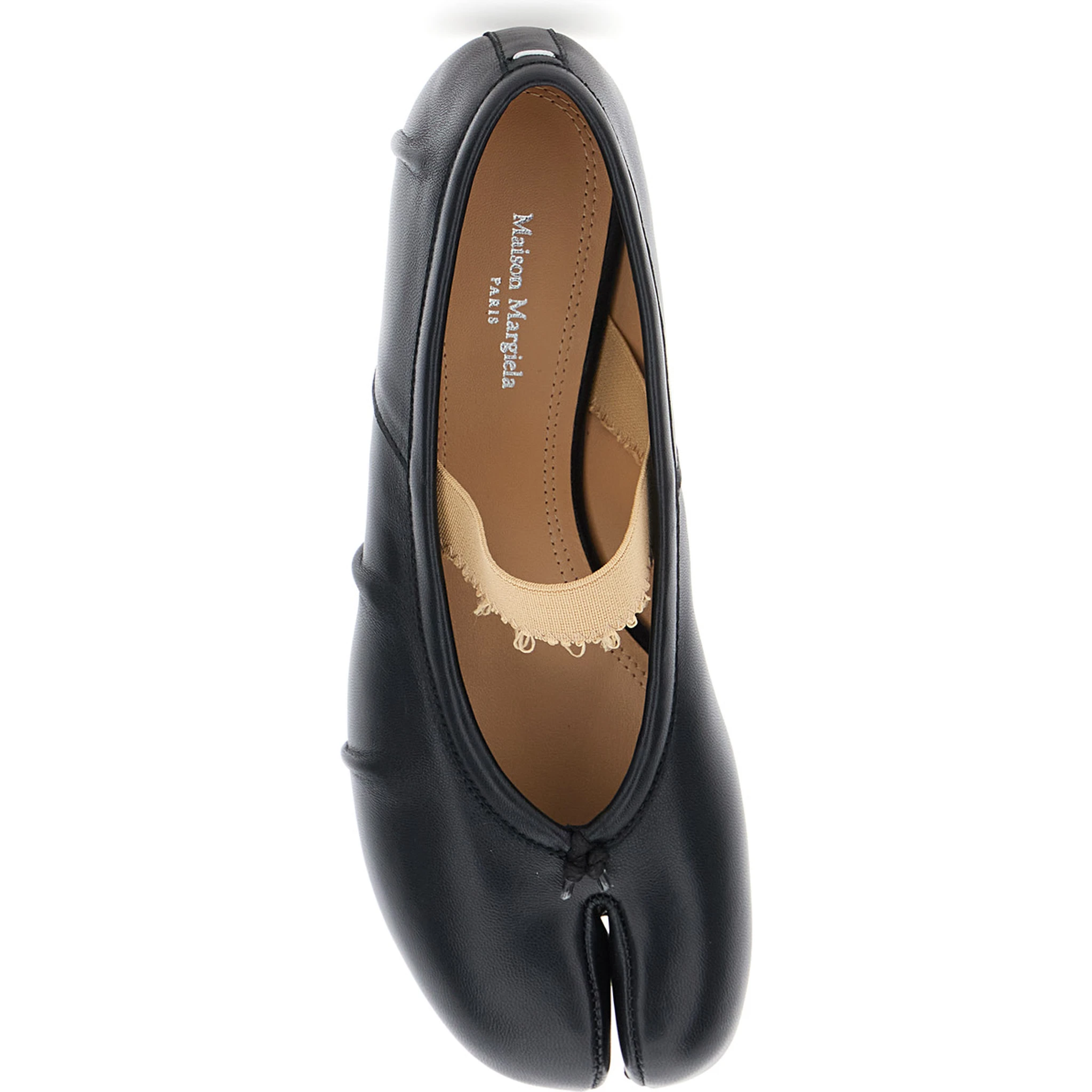 Black Ballet Flats with Band Design and Tabi Toe in Leather Woman