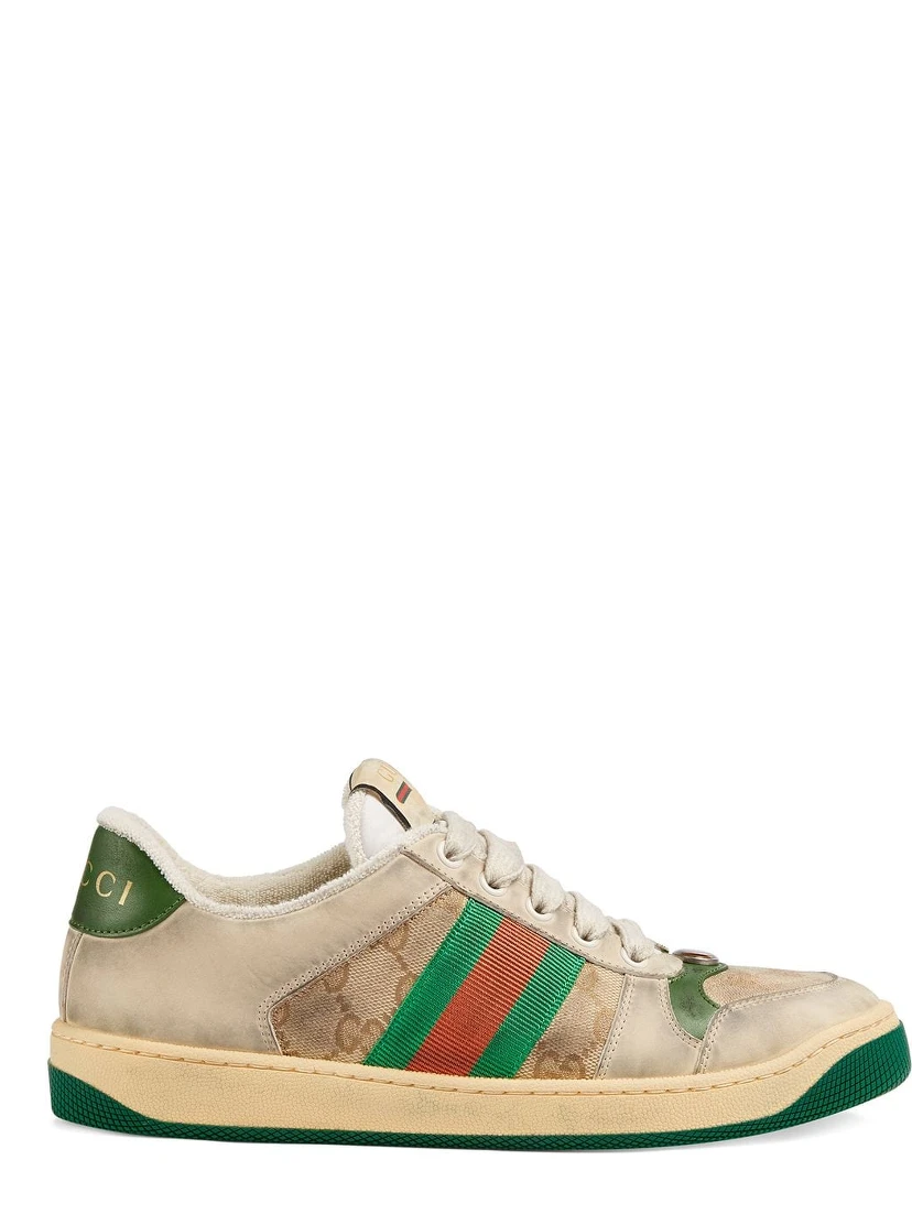 Screener sneakers in leather and GG canvas with green and red Web stripes